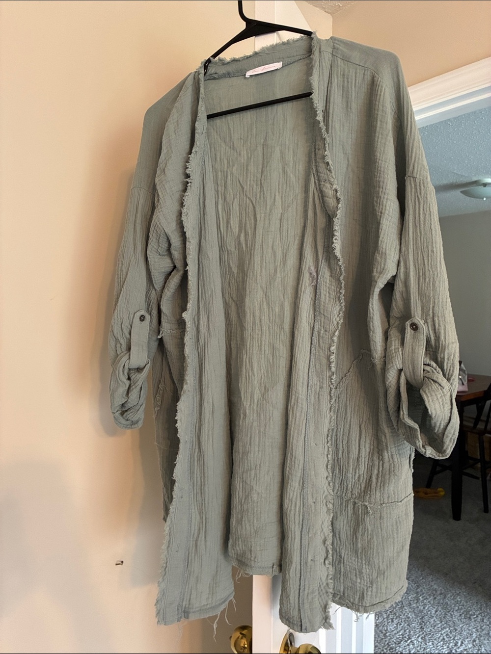 Ces Femme Sage Green Lightweight Frayed Open Cardigan